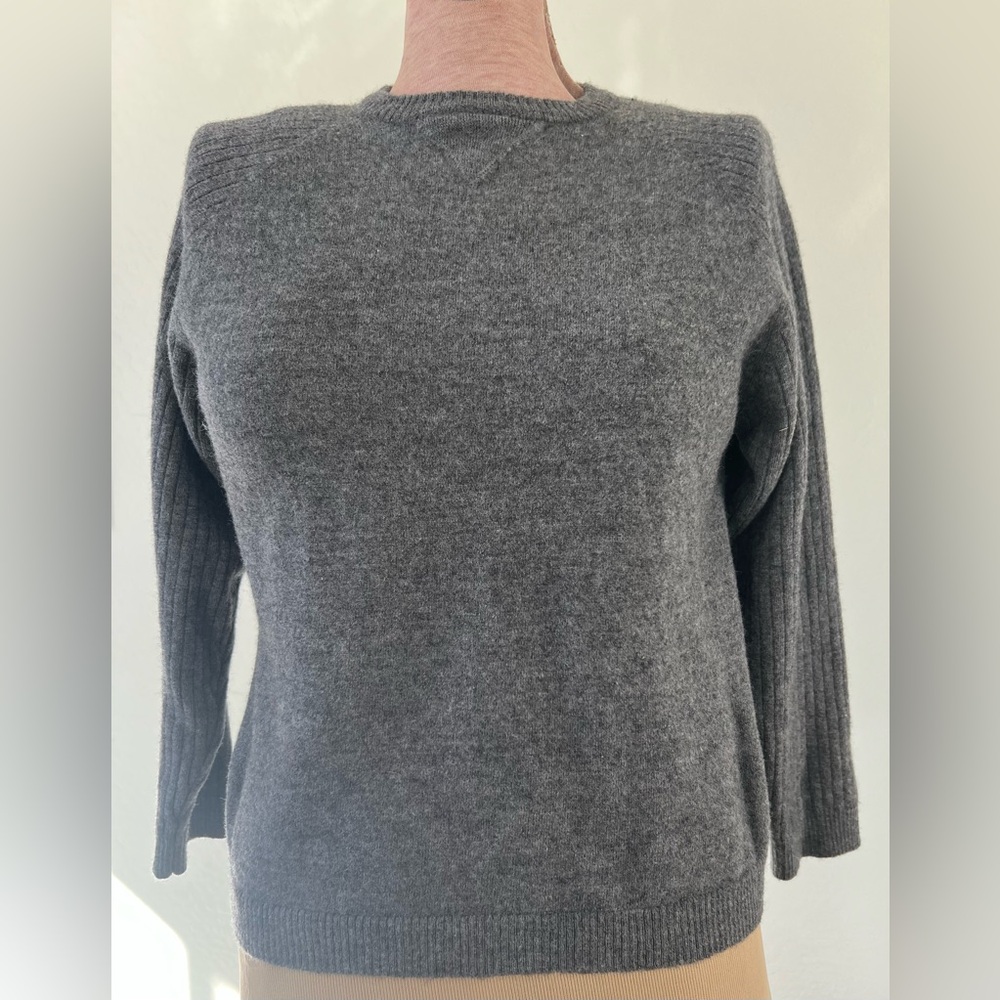 Women's Gray Rib-Sleeve Crewneck Sweater
